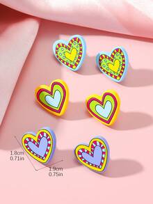 3 Pairs/Set Women's Valentine's Day Romantic Heart Print Acrylic Stud Earrings, Sweet & Cute