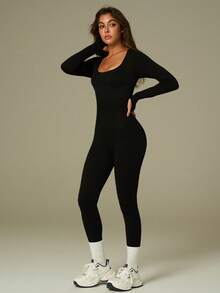 UONNOU Jumpsuit Olahraga Bergaris Pengangkat Bokong Bentuk Buah Persik, Bodysuit Yoga Lengan Panjang Leher Persegi untuk Musim Gugur dan Musim Dingin - Hitam - View 9