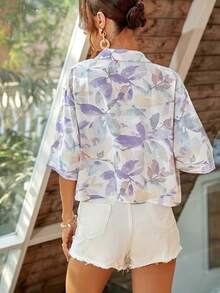Women's Summer Beach Vacation Loose Fit Dropped Shoulder Cropped Printed Shirt - Multicolor - View 5