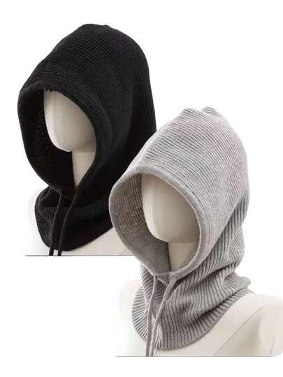 1pc Women's Gray Drawstring Balaclava Knit Face Neck Warmer Outdoor Ski Protective Hat Scarf Shawl, Suitable For Winter