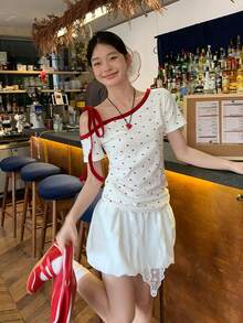 Sweet & Hot Girl Heart Print Asymmetric-Shoulder Short Sleeve T-Shirt, Tie-Up Design, Slim Fit, Summer - White - View 2