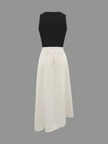 Women's Casual Fashion Patchwork Asymmetrical Maxi Dress Set - Dark Apricot - View 3