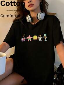 SpongeBob SquarePants T-shirt à manches courtes col rond pour femmes 2026 ! T-shirt décontracté blanc en tricot à manches courtes col rond avec imprimés graphiques amusants, convient pour les vacances, les fêtes, le style Y2K, les imprimés de dessins animés et de lettres. - Noir 1 - Voir 6