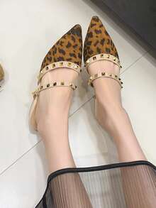 Women's Flat Slip-On Shoes With Studs, Chunky Heel, Closed Toe, Half-Backless, New Style For Outdoor Wear, Pointed Toe, Low Heel, Rhinestone PU Leather Soft Skin Mule Shoes - Camel - View 4