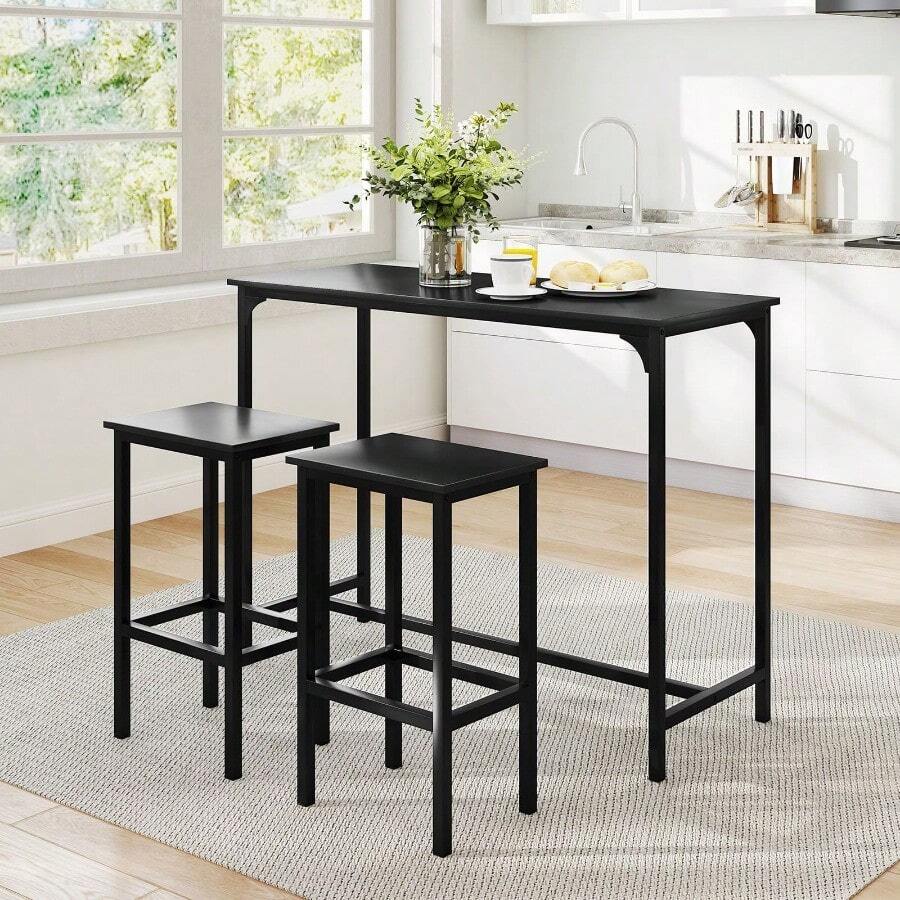 GOFLAME Bar Table And Chairs Set, Rectangular Pub Table With 2 Stools, Counter Height Table Set With Metal Frame & Footrest, Breakfast Table Set For Small Space - Black - View 1