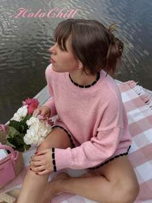 Áo len nữ cổ tròn màu trơn HoloChill, kiểu dáng thường ngày, hàng mới về mùa hè, phong cách lễ hội. - Hồng - Xem 5