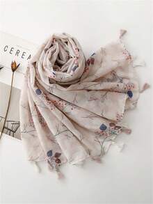 1件装女士保暖经典碎花雪纺围巾，轻盈流苏披肩