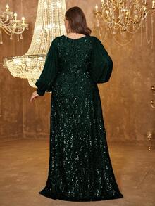 UNITHORSE Đầm dạ hội cỡ lớn dành cho nữ, kiểu dáng thanh lịch, cổ chữ V, tay phồng, eo nhún, đính sequin, màu trơn, thích hợp cho tiệc tùng, cô dâu, sinh nhật, lễ tốt nghiệp, đám cưới mùa xuân. - Màu xanh lá cây đậm - Xem 2