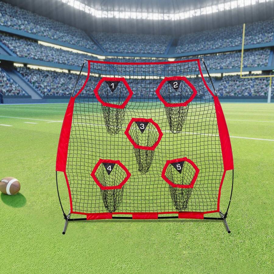 6 X 6 Ft Football Trainer Throwing Net, Training Throwing Target Practice Net With 5 Target Pockets, Knotless Net Includes Straps And Portable Carry Case, Improve QB Throwing Accuracy, Red - 6*6 Ft 5-hole Red - View 1