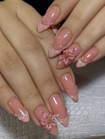 24 uñas postizas de acrílico rosa con estilo francés en forma de almendra, con un patrón de degradado floral y ondas de agua en estilo Y2K, decoradas con pequeñas perlas doradas. Incluye: 1 gel de gelatina y 1 lima de uñas. Ideal para niñas/mujeres como suministros de arte de uñas para uso diario.