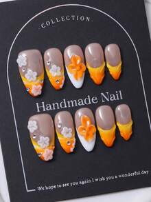 10片/套 欧美手工杏仁形美甲贴纸，Y2K橙色法式风格，3D手工雕刻设计，手绘渐变钻石图案装饰，适用于美甲。包含1片果冻胶和1把指甲锉。完美适用于日常美甲，也适合科切拉音乐节等场合的造型。美甲贴片及美甲护理产品。手工美甲贴片 - 橘色 - 查看 3