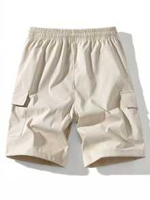 Men's Casual Cargo Shorts, Multi-Color Polyester, Drawstring Waist, Adjustable Shoulder Straps, Elastic Waist, Multiple Pockets, Suitable For Gym, Washable, Summer Casual Activities, Durable Fabric Jogger Shorts, Ideal Gift For Father And Boyfriend For Back To School Season, Perfect Christmas Gift - Apricot - View 2