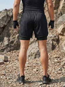 Men's Outdoor Shorts, Summer Sports Quick-Dry Bermuda Shorts, Elastic Casual Fitness Running Undershorts With Letter Print - Black - View 3