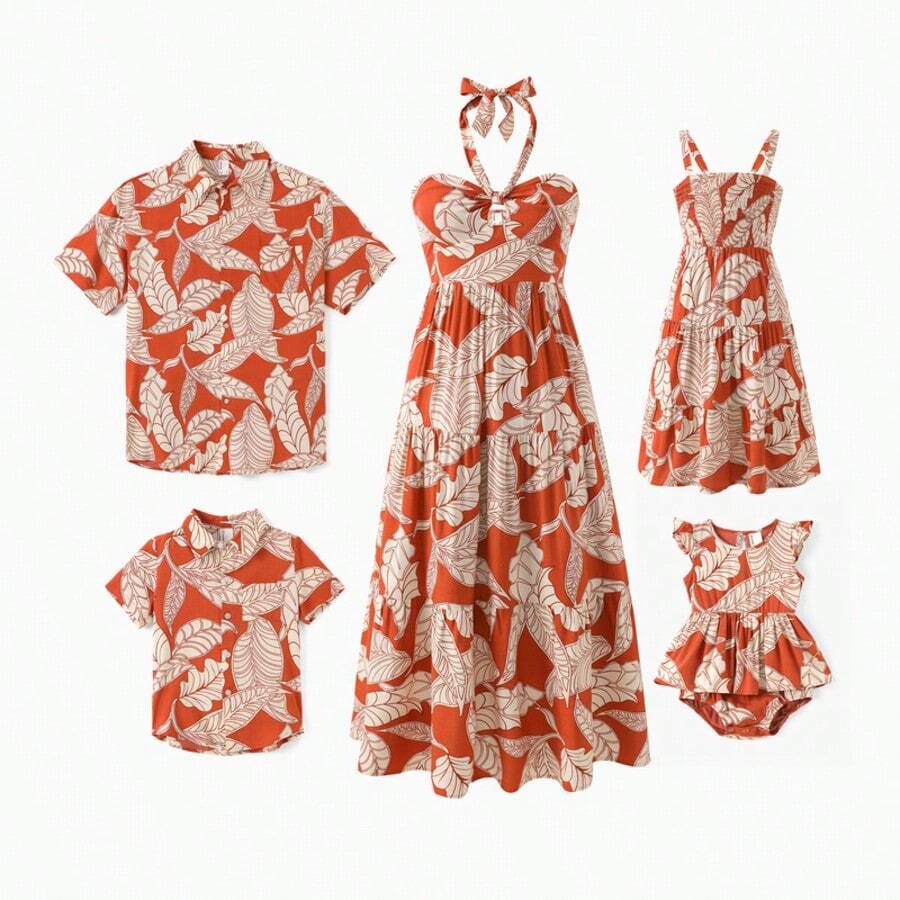 PatPat Family Matching Outfits Coral Leaf Print Halter Dress Or Short-Sleeve Shirt Set Summer Vacation Collection - 紅色 - 查看 1