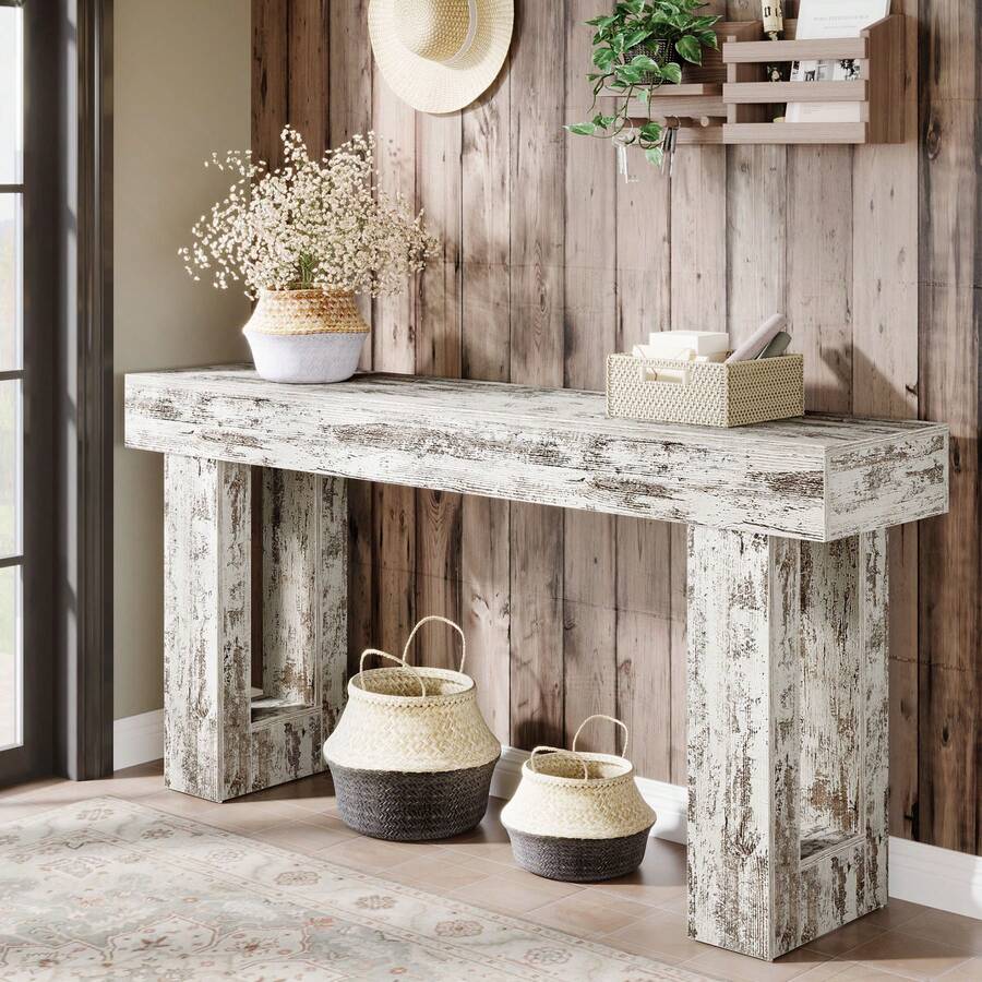 LITTLE TREE Farmhouse Console Table, 63-Inch Long Wooden Sofa Table Behind The Couch, Narrow Entryway Table For Entrance, Hallway, Living Room, Distressed White - Distressed White - View 1