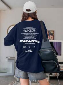 Women's Oversized Printed T-Shirt - Cheerful Paradise Phrase - Loose, Casual, Stylish, Modern, And Cool Blouse - 藏蓝色 - 查看 2