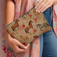 1pc Horse & Flower Print Makeup Bag, Modern Style Polyester Lightweight Travel Organizer - Multicolor - View 3