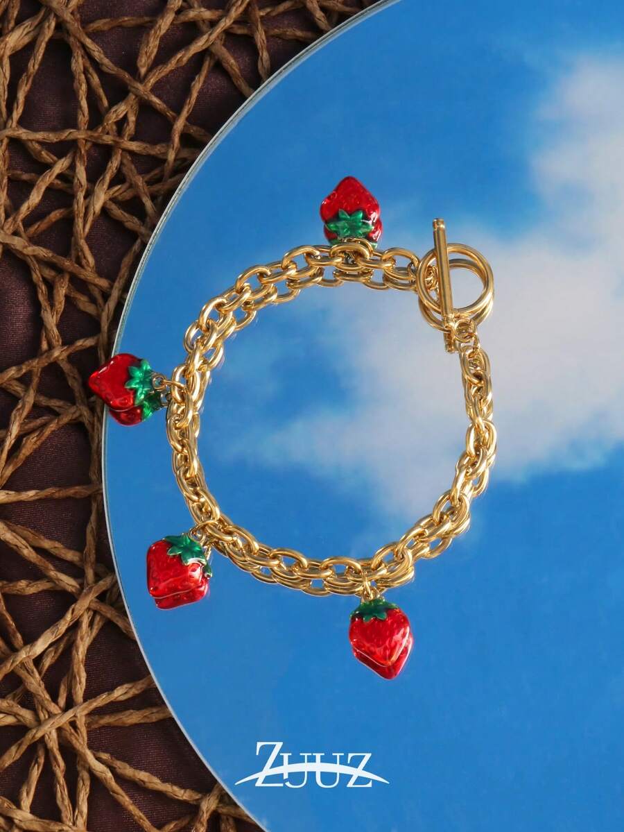 1pc Fashion Stainless Steel Strawberry Pendant Bracelet For Women Chain Bracelet Jewelry Party Gifts Suitable Daily Wear - Bracelet - View 1