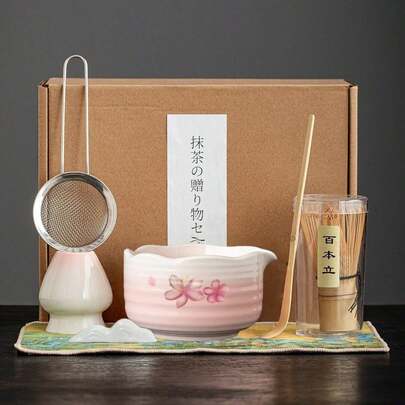 1pc/4pcs/5pcs/7pcs Japanese Matcha Bowl Tea Set, Sakura Bowl With Spout, Matching Pink Bamboo Whisk, Tea Scoop, Tea Cloth, Tea Strainer, Holiday Gift Set, Christmas Gift