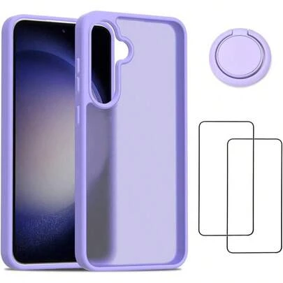 4 en 1 Funda para A55 5G, con 1 Anillo Soporte Celular y 2 Mica Cristal Vidrio Templado Protector Pantalla. Carcasa Antigolpes Lila