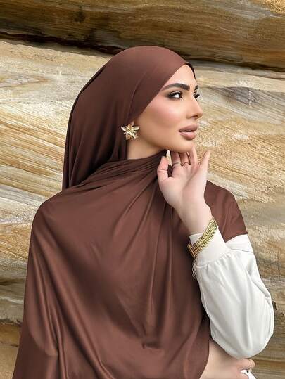 1pc Women's Simple Classic Solid Color Elegant Casual Edged Scarf, Premium Knit Fabric Viscose Jersey Hijabs Scarf, Long Turban Style Headscarf, Suitable For Daily Life, Outings And Gatherings