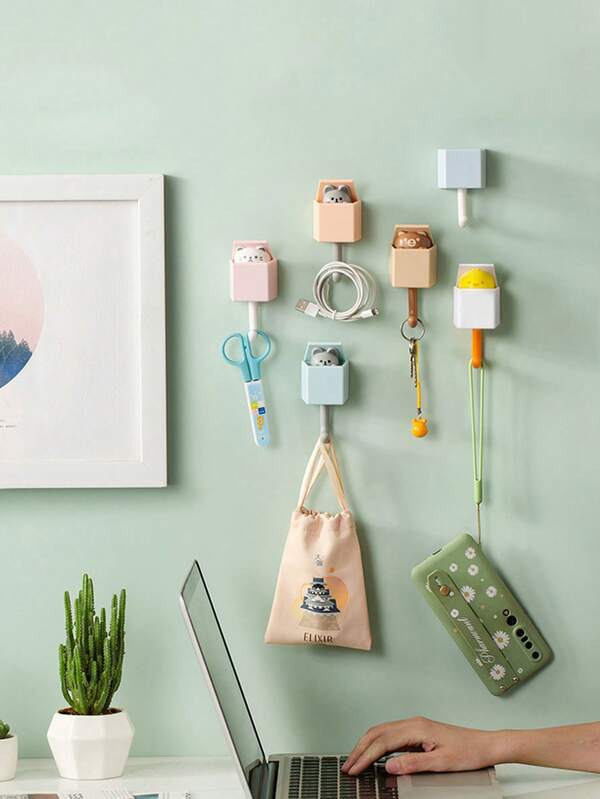 2个卡通可爱猫咪造型无缝墙钩，适用于卧室、客厅和厨房装饰，可悬挂钥匙、帽子、围巾、外套、小包、雨伞，最大承重1公斤，多功能挂钩