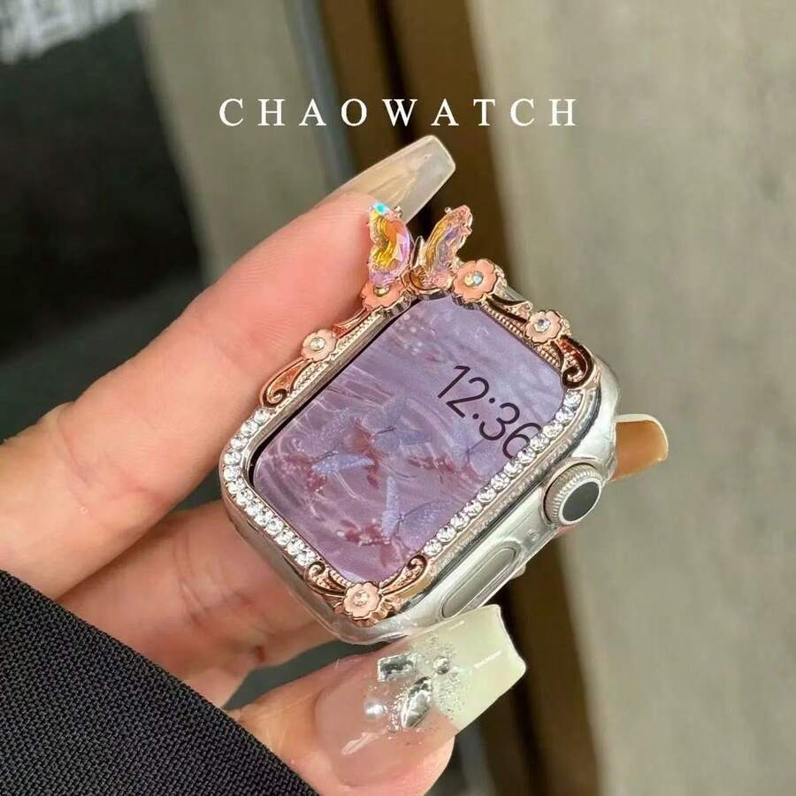 1pc DIY Rotating Rhinestone Butterfly Protective Case, Anti-Drop Fashionable Casual Protective Cover, Compatible With Apple Watch 40/41/44/45mm, Compatible With Apple Watch Ultra/SE/11/10/9/8/7/6/5/4/3/2/1 Series, Smartwatch Accessories - Rose Gold - View 1