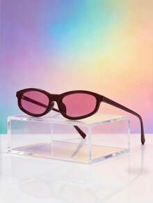 1pc Narrow Oval Cat Eye Small Frame Y2K Retro Street Style Minimalist Fashion Glasses , Suitable For Vacation - Burgundy - View 10