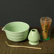 2/4件套抹茶工具套装 - 黑绿陶瓷抹茶碗（带嘴）、竹制搅拌器支架和抹茶勺 - 送给抹茶爱好者、朋友和家人的绝佳礼物 - 陶瓷綠色抹茶碗套裝 - 查看 12