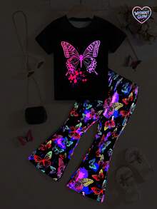2pcs/Set Toddler Girls' Casual Street Style Colorful Glow-In-The-Dark Butterfly Print Round Neck Short Sleeve T-Shirt And Flare Pants Set, Suitable For Spring/Summer/Autumn Outdoor, Back To School, Commute, Social Occasions - Black - View 1