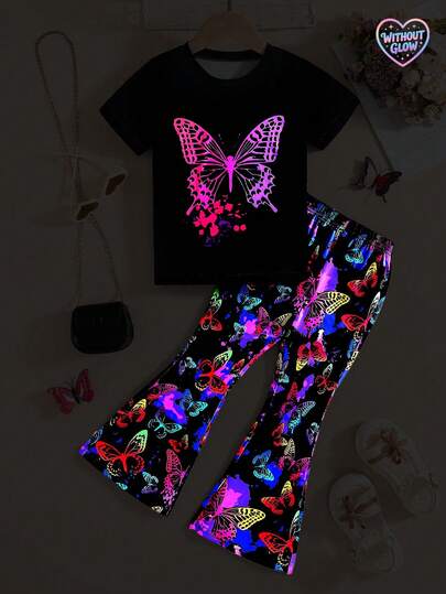 2pcs/Set Toddler Girls' Casual Street Style Colorful Glow-In-The-Dark Butterfly Print Round Neck Short Sleeve T-Shirt And Flare Pants Set, Suitable For Spring/Summer/Autumn Outdoor, Back To School, Commute, Social Occasions