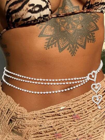 1 pieza Cadena de cintura con colgante de corazón de múltiples capas versátil y de moda, cadena de Body para baile del vientre de estilo sexy europeo y americano para mujeres