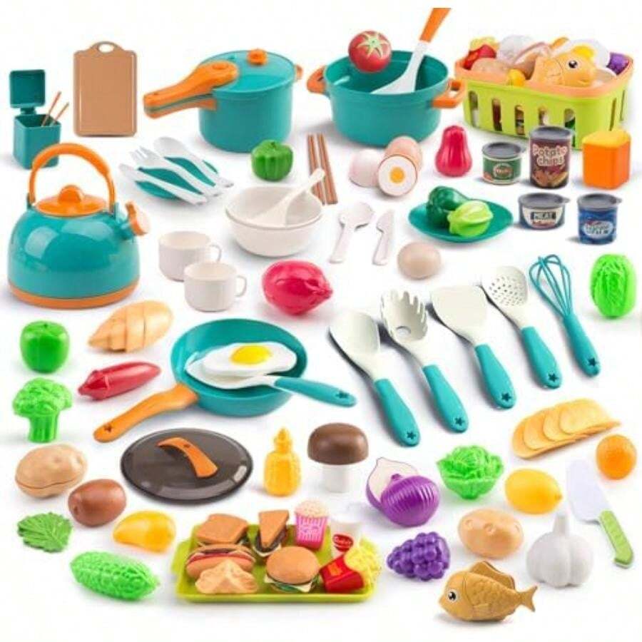 60Pcs Kids Mini Play Kitchen Accessories, Pretend Cooking Play Set With Cookware, Tableware & Fruit & BBQ Sets, Learning Gift For Boys, Girls, Toddlers,(Green 120 Pcs) - Multicolor - View 1