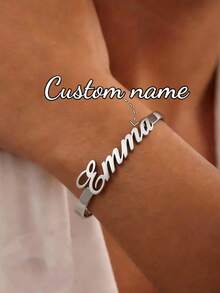 Customized Women's Stainless Steel Bracelet With Personalized Nameplate, Letter, Heart, Hollow Butterfly Design, Jewelry Gift For Women, Wedding, Valentine's Day - Silver Bracelet - View 8