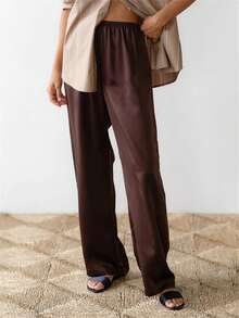 Women's Satin Wide Leg Dress Trousers Elastic Waist Solid Color For Office Chic  Daily Comfort - Cà phê nâu - Xem 2