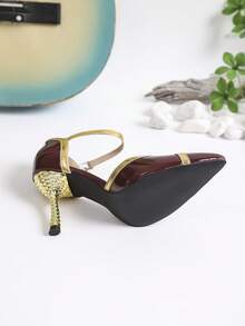 1 Pair Contrast Color Fashion Buckle Pointed Toe Hollow Out Stiletto High Heel Shoes, Suitable For Outdoor Wear All Seasons - Burgundy - View 6