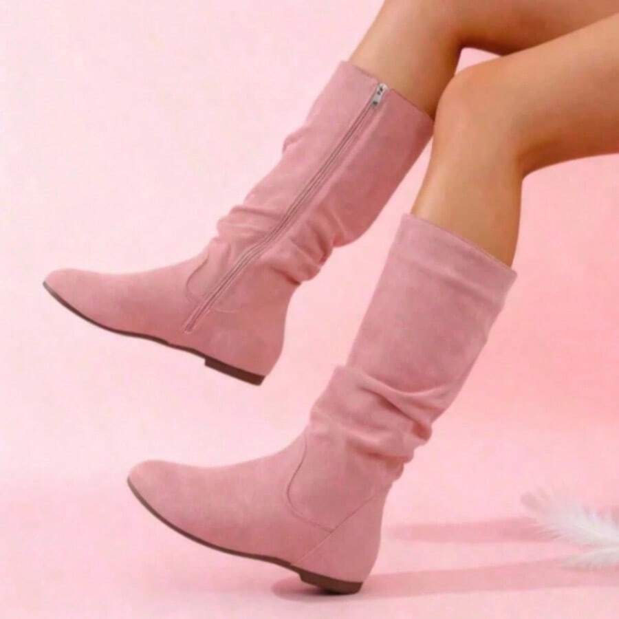[Comfortable Boots] Elegant Women's Knee-High Boots With Bow Details - Square Toe, Low Chunky Heel, Lace-Up, Faux Cap And Rubber Sole, Available In White, Black, And Red. Fashionable Lace-Up Dress Boots, Lightweight Sneakers For Girls And Students For Halloween Decorations, Suitable For Attending Proms And Everyday Travel Boots. - Hồng - Xem 1