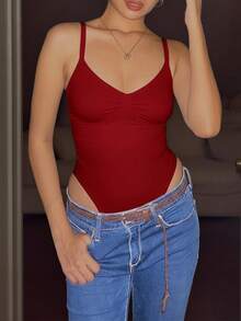 GLOpass 女士纯红色露背连体衣，无袖，方领，露背，细肩带，性感修身，弹力面料，完美适用于海滩度假、夜店派对、聚会或约会之夜 - 紅色 - 查看 6