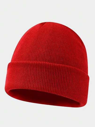 1 pieza Gorro de punto rojo sólido unisex, gorro de punto cálido para uso diario