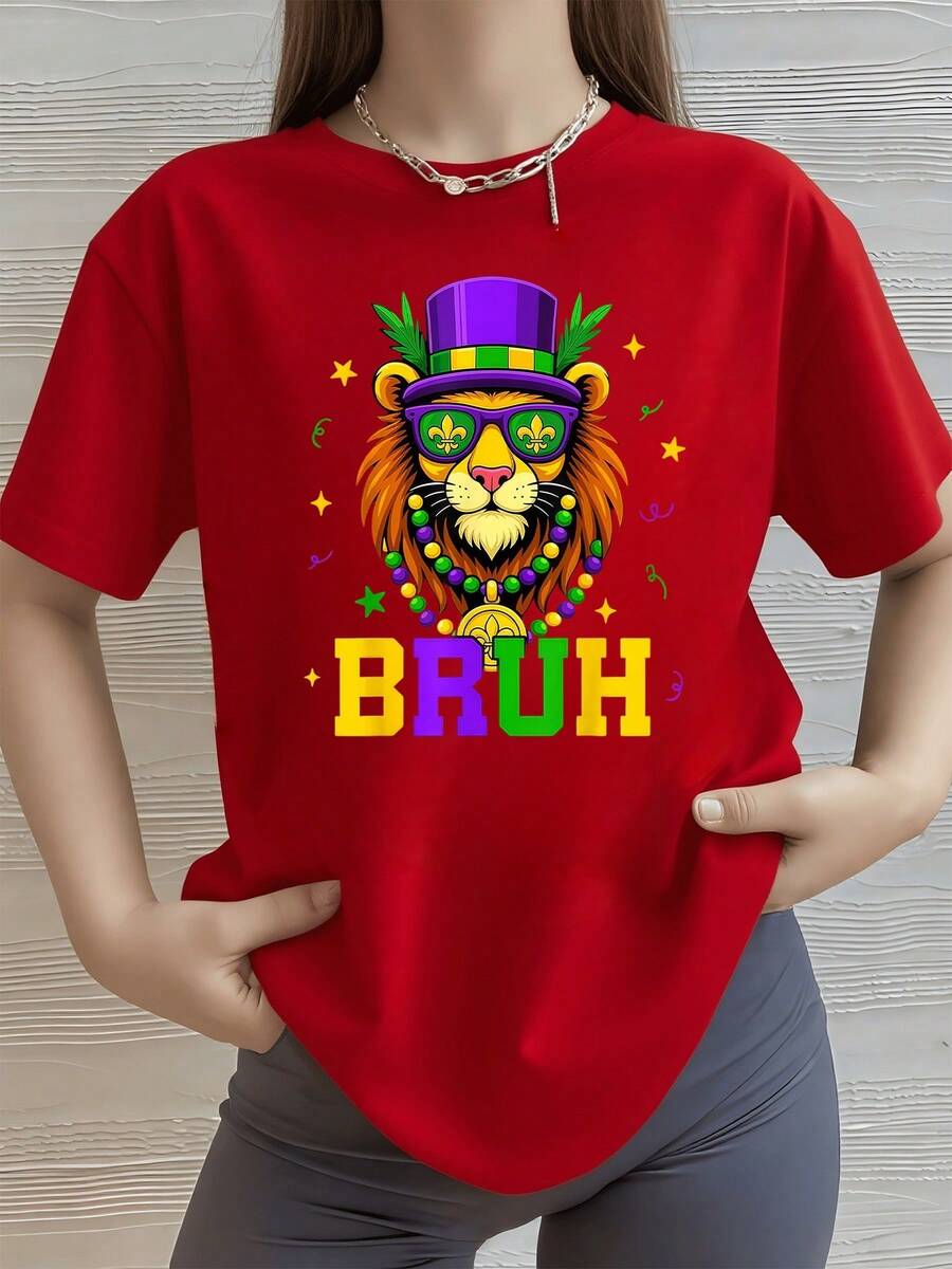 León con sombrero morado gafas con flores de lis y collar de cuentas símbolo festivo de carnaval camiseta de mujer 100% algodón 220g - Rojo - Ver 1