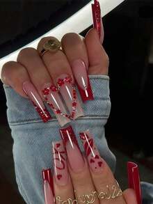 24pcs Valentines Acrylic Press On Nails French Tip Red Press On Nails Long Square Glitter With Lips Heart XXL/XXXL Decoration Flower Rhineston Design Fashion Y2K Style Surface Glossy Full Cover Fake Nails For Women And Girls Valentines Daily Dating Wear - 彩色 - 查看 2