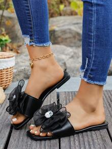 New Women's Black Bowknot Rhinestone Decor Comfortable Soft Versatile Flat Sandals, Spring/Summer - Black - View 3