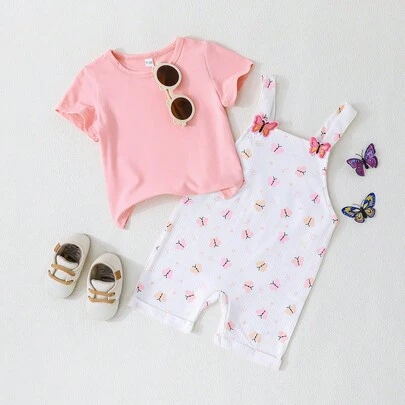 2件套女婴粉色短袖上衣+蝴蝶印花背带裤，甜美可爱风格，适合日常穿着