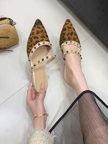 Women's Flat Slip-On Shoes With Studs, Chunky Heel, Closed Toe, Half-Backless, New Style For Outdoor Wear, Pointed Toe, Low Heel, Rhinestone PU Leather Soft Skin Mule Shoes - Camel - View 3