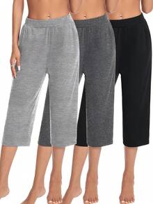 3 Pack Capri Pants For Women Loose Lounge Cropped Sweatpants Joggers Yoga Casual Workout Pants With Pockets - 黑色/深灰/淺灰 - 查看 7