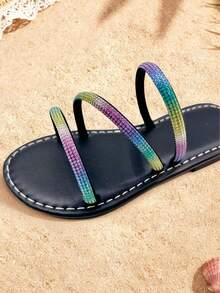 1双女童彩虹闪亮钻石多带凉鞋，露趾平底，舒适闪亮，活泼甜美，夏季沙滩鞋 - 黑色 - 查看 6
