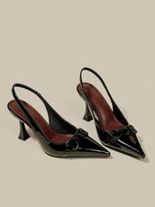 Women's Black Patent Leather Stiletto High Heel Pointed Toe Closed Toe Pumps, Elegant Formal Party Dress Shoes, Office Buckle Strap Backstrap High Heels - Black - View 6