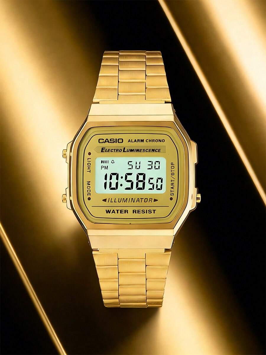 Casio ساعة رقمية رياضية، ساعة بسوار من الفولاذ المقاوم للصدأ بتصميم ريترو وقرص مربع، تقويم ومنبه وساعة إيقاف، مقاومة للماء للاستخدام اليومي، مناسبة للاستخدام اليومي - الذهبي والأسود - مشاهدة 1