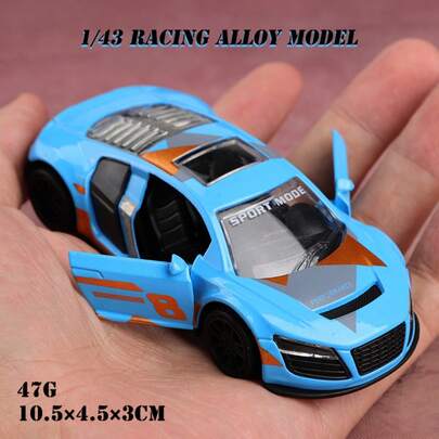 1件（袋装）1/43比例纯色赛车，适合男孩，部分为锌合金赛车玩具车，跑车压铸玩具，仿合金压铸玩具车，仿跑车赛车模型，回力功能，橙色款两侧鸥翼门均可打开，蓝色款两侧均可打开