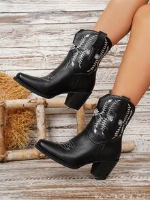 女士尖头粗跟刺绣西部牛仔踝靴 - 黑色 - 查看 2